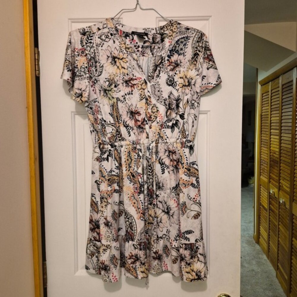 ROBERT LOUIS Floral Print Short Sleeve V Neck Elastic Waist Midi Dress Women's M